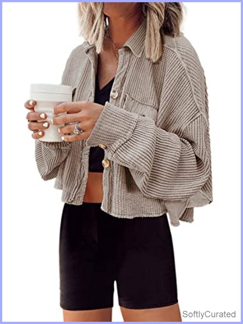 Waffle Knit Cropped Cardigan Button Down Shirt Jacket Batwing Sleeve Oversized